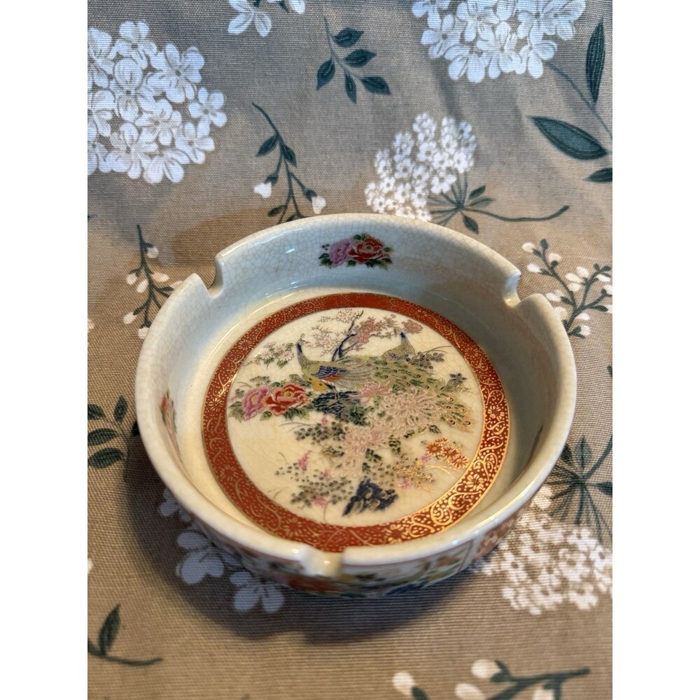 Satsuma Ware Ashtray: Peacock/Flower Scene & 3 Holding Slots Oriental